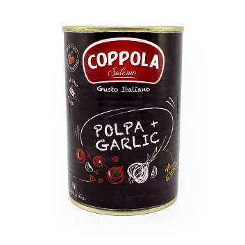 Томаты резаные Польпа с чесноком COPPOLA, 0,4 кг/0,24 кг/0,425 л (ж/б)