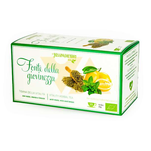 Чай травяной с мате, мятой и лимоном "Источник молодости" BIO, 15 пакетиков по 3 гр, REGINADIFIORI, 0,045 гр (карт/кор)  REGINADIFIORI Италия
