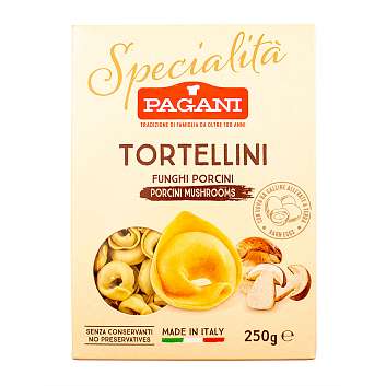 Тортеллини с белыми грибами SPECIALITA, паста яичная фаршированная белыми грибами, PAGANI, 0,25 кг (карт/кор)