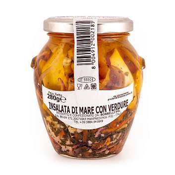 185 Коктейль из морепродуктов с овощами в подсолнечном масле, BORRELLI, 0,28 кг/0,314 л (ст/б)