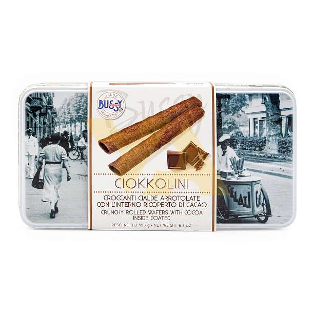 Хрустящие вафельные трубочки с внутренним покрытием из какао CIOKKOLINI, 0,190 кг (винтажная ж/б)  Bussy Италия