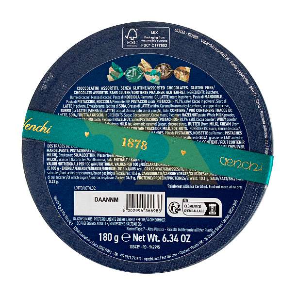 Ассорти шоколадных конфет, 2 вида, VENCHI, 0,180 кг (маленькая шляпная коробка Мурано)  Venchi Италия
