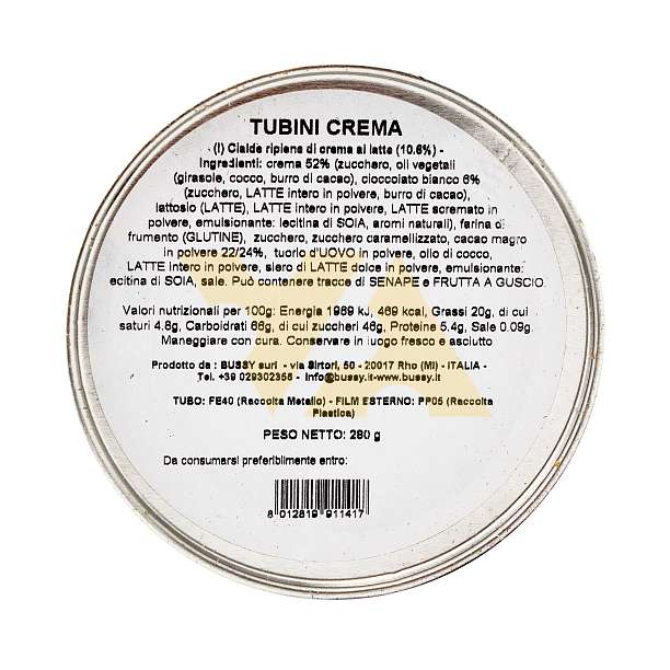 Хрустящие вафельные трубочки с начинкой из молочного крема TUBINI CREMA, 0,280 кг (туба ж/б)  Bussy Италия