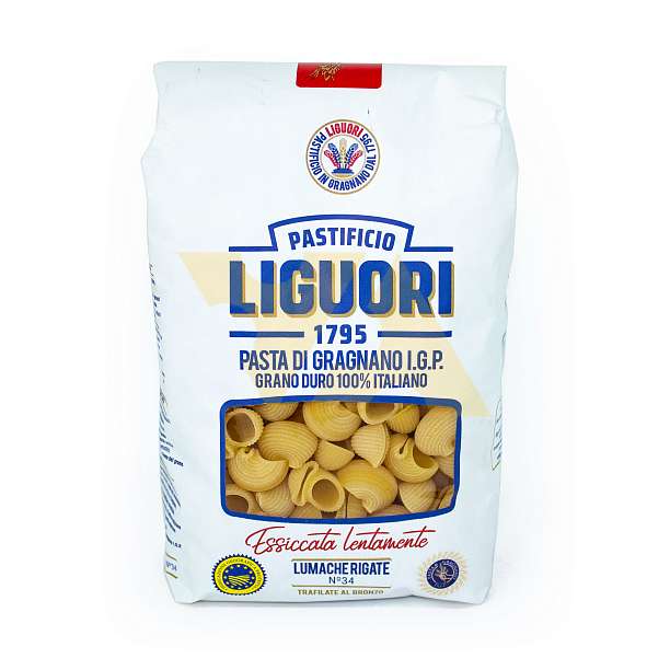 Лумаке Ригате №34, паста из Граньяно I.G.P. из твердых сортов пшеницы, LIGUORI, 0,5 кг (бум/упак) 16 шт/кор 0.5 кг. Liguori Pastificio Италия