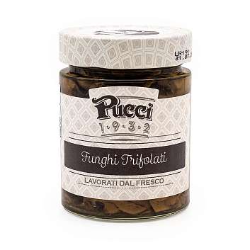 Грибы шампиньоны резаные обжаренные, PUCCI, 0,200 кг/0,140 кг/0,228 л (ст/б)