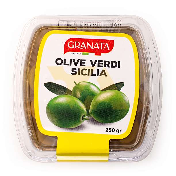 Оливки зеленые сицилийские с косточками, GRANATA, 0,250 кг/0,480 кг (пл/стакан)  Granata Antonio Италия