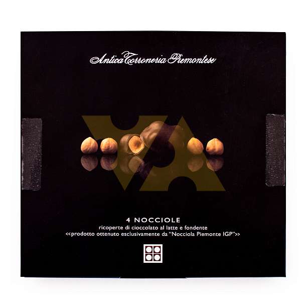 4 Пьемонтских лесных ореха IGP 0139 покрытые молочным и темным шоколадом, ANTICA TORRONERIA PIEMONTESE, 0,160 кг (карт/кор черная)  Antica Torroneria Piemontese Италия
