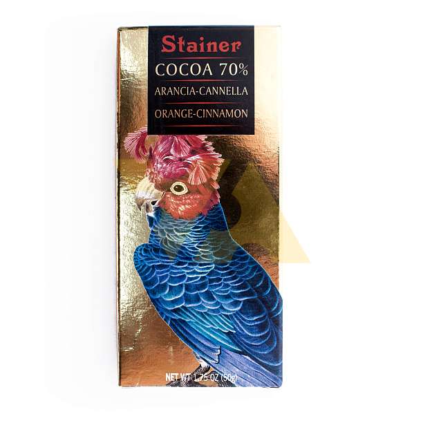 Шоколад горький 1079 с апельсином и корицей, 70% какао, STAINER, 0,05 кг (карт/кор с попугаем) 0,05 кг ANDREA STAINER Италия
