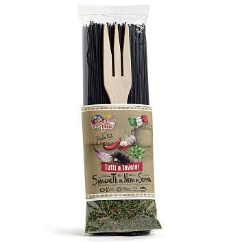 Набор подарочный Спагетти с чернилами каракатиц, паста спагетти с чернилами каракатиц, смесь специй пикантная, вилка-дозатор для пасты деревянная, TUTTI a TAVOLA, 0,540 кг
