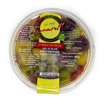 Оливки Средиземноморские без косточек, смесь разных сортов с острым перцем, LUCARELLI, 0,36 кг/0,2 кг (пл/б)