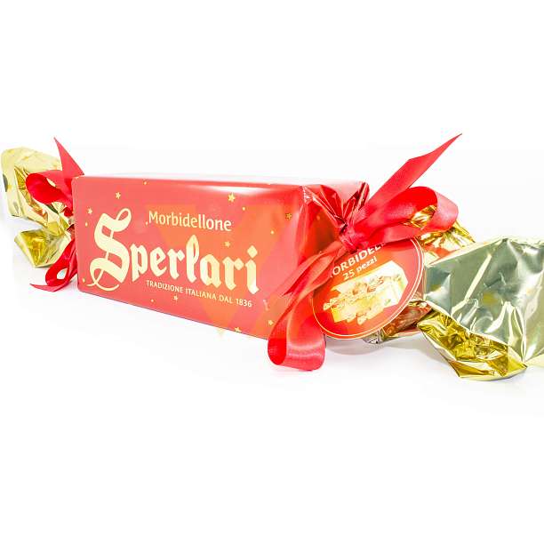 Нуга из миндаля, покрытая черным или белым шоколадом MORBIDELLONE, конфеты, SPERLARI, 0,350 кг (большая красная конфета внутри 25 шт маленьких) 0.35 кг. Sperlari Италия