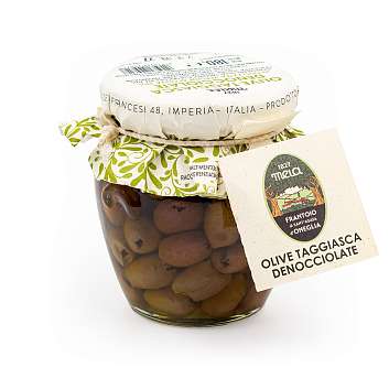 Оливки Таджаски без косточек в оливковом масле первого холодного отжима (экстра верджин) 29%, SANTAGATA, 0,180 кг (ст/б)