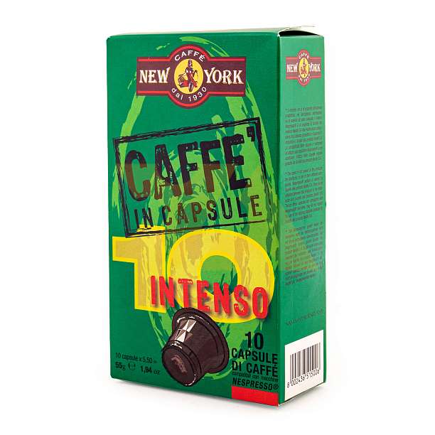 Кофе в капсулах INTENSO, 10 капсул по 5,5 гр., для машин NESPRESSO, NEW YORK, 0,055 кг (зеленая бум/уп)  Caffè New York Италия