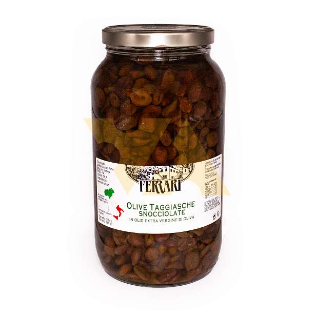 Оливки Таджаски без косточек в оливковом масле первого холодного отжима, FERRARI, 2,7 кг/1,8 кг (ст/б)  Azienda FERRARI Италия