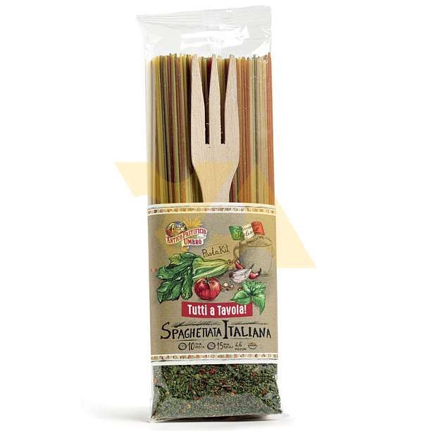 Набор подарочный Спагеттата Италиана, паста спагетти триколор, смесь специй острая пикантиссимо, вилка-дозатор для пасты деревянная, TUTTI a TAVOLA, 0,540 кг