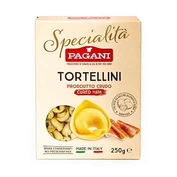 Тортеллини с прошутто крудо SPECIALITA, паста яичная фаршированная сыровяленым окороком, PAGANI, 0,25 кг (карт/кор)
