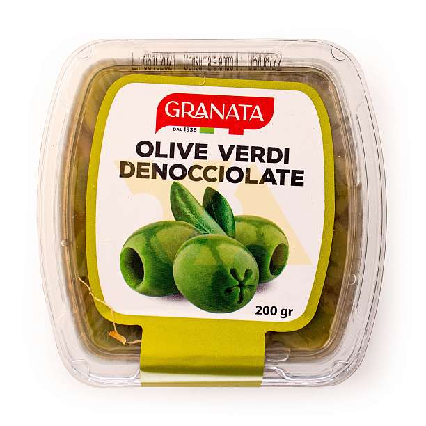 Оливки зеленые без косточек, GRANATA, 0,200кг/0,450 кг (пл/стакан)  Granata Antonio Италия