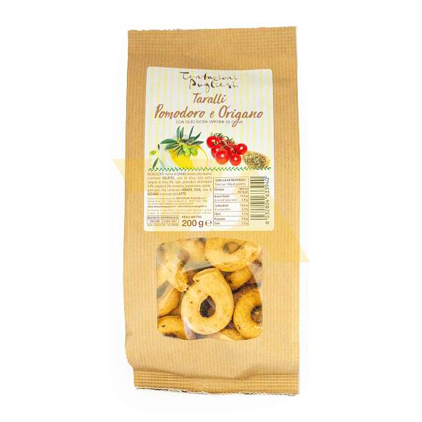 Таралли с томатами и орегано с добавлением оливковое масла экстра верджин, TENTAZIONI PUGLIESI, 0,200 кг (крафт/бум)  Tentazioni Pugliesi Италия