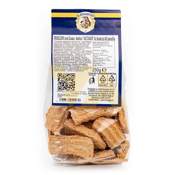 Печенье песочное Фроллини из пшеницы Аччайо с апельсином и корицей, IL BALESTRO, 0,250 кг (пл/пак)  Le Logge Италия