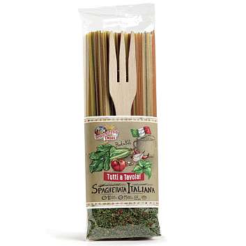 Набор подарочный Спагеттата Италиана, паста спагетти триколор, смесь специй острая пикантиссимо, вилка-дозатор для пасты деревянная, TUTTI a TAVOLA, 0,540 кг