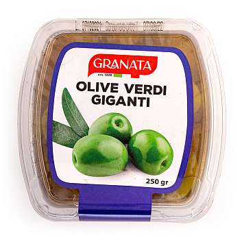 Оливки зеленые гигантские с косточками, GRANATA, 0,250 кг/0,480 кг (пл/стакан)