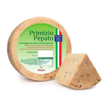 Пекорино PRIMIZIO с черным перцем, сыр из овечьего молока полувыдержанный, 1/4 формы, BIOPEK, ~ 3 кг