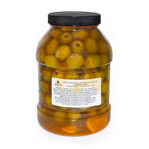 Оливки зеленые без косточек в маринаде с танжерином и перцем чили, ZEVS, 2,52 кг/1,05 кг (пл/б)  ZEUS Греция