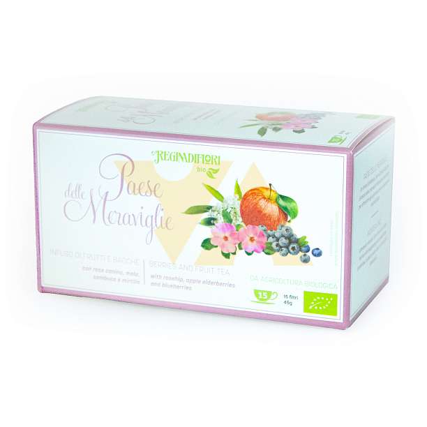 Чай фруктовый с шиповником, яблоком, бузиной и черникой "Страна чудес" BIO, 15 пакетиков по 3 гр, REGINADIFIORI, 0,045 гр (карт/кор)  REGINADIFIORI Италия