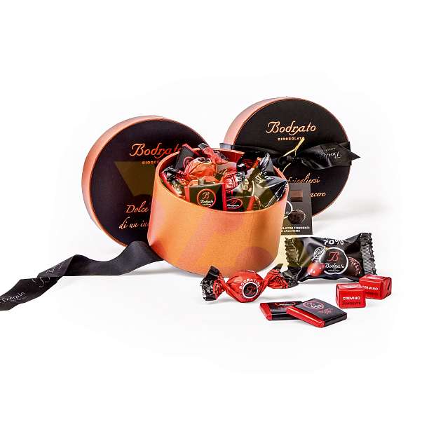 Конфеты коллекция в темном шоколаде, ассорти 5 видов, BODRATO CIOCCOLATO, 0,155 кг (шляпная бронзовая карт/коробка)  Bodrato Cioccolato Италия