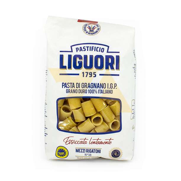 Мецци Ригатони №38, паста из Граньяно I.G.P. из твёрдых сортов пшеницы, LIGUORI, 0,5 кг (бум/упак) 0.5 кг. Liguori Pastificio Италия