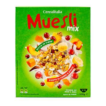Мюсли Микс, смесь злаков с сушеными фруктами, CEREALITALIA, 0,500 кг (карт/кор)