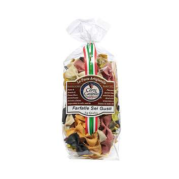 Фарфалле (бабочки) шесть вкусов CORTE CASTELLO, разноцветная  паста из твердых сортов пшеницы, UMBRO, 0,25 кг (пл/пак)