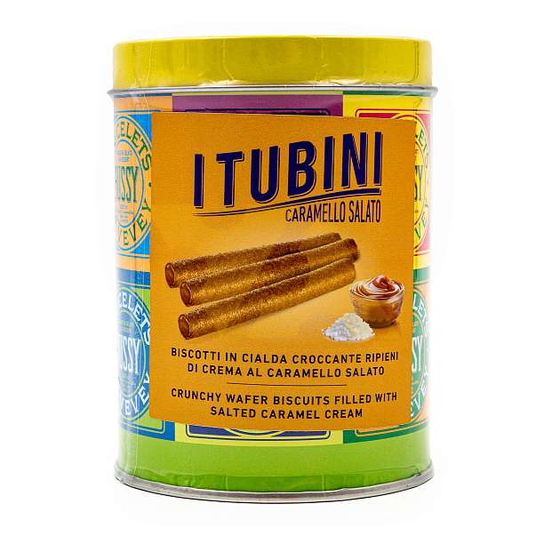 Хрустящие вафельные трубочки с соленой карамелью TUBINI CARAMELLO SALATO, 0,280 кг (туба ж/б)  Bussy Италия