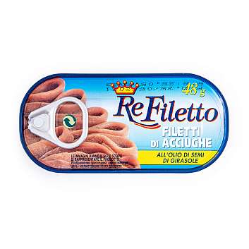 Филе анчоусов в подсолнечном масле REFILETTO, PESCE AZZURO, 0,048/0,026 кг (ж/б)
