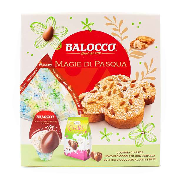 Набор Пасхальный MAGIE DI PASQUA (Коломба классическая 500 гр, Яйцо шоколадное с сюрпризом 150 гр, Яйца шоколадные 125 гр), BALOCCO, 0.850 кг (карт/кор)  Balocco Италия