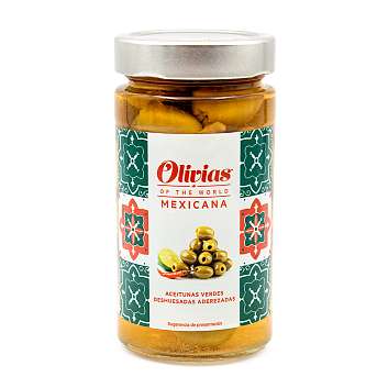 Оливки зелёные без косточек, фаршированные перцем халапеньо по-мексикански, OLIVIAS BY TAST, 0,370 мл / 0,350 кг / 0,150 кг (ст/б)