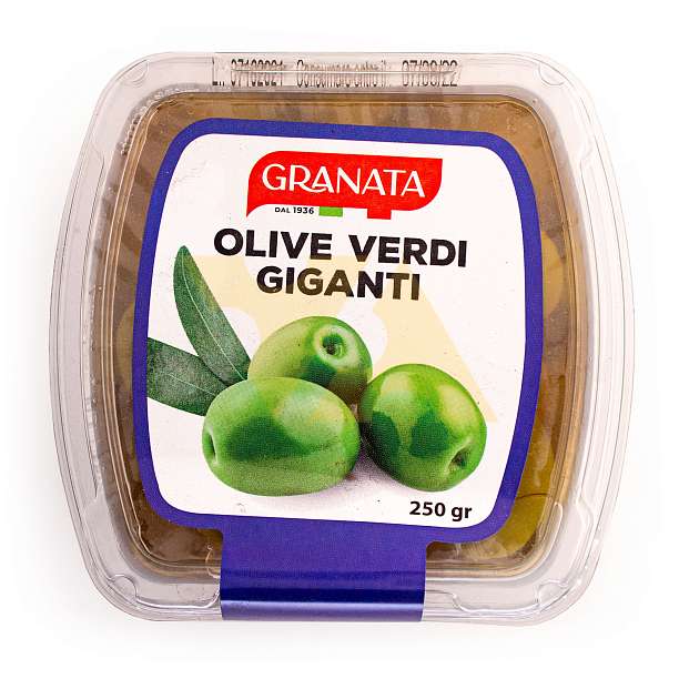 Оливки зеленые гигантские с косточками, GRANATA, 0,250 кг/0,480 кг (пл/стакан)  Granata Antonio Италия