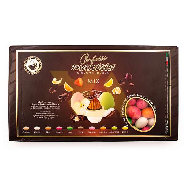 Миндаль в белом, темном и молочном шоколаде и ореховым кремом джандуйя с фруктовыми вкусами MIX, MAXTRIS, 1 кг (черная коробка)  Confetti Maxtris Италия